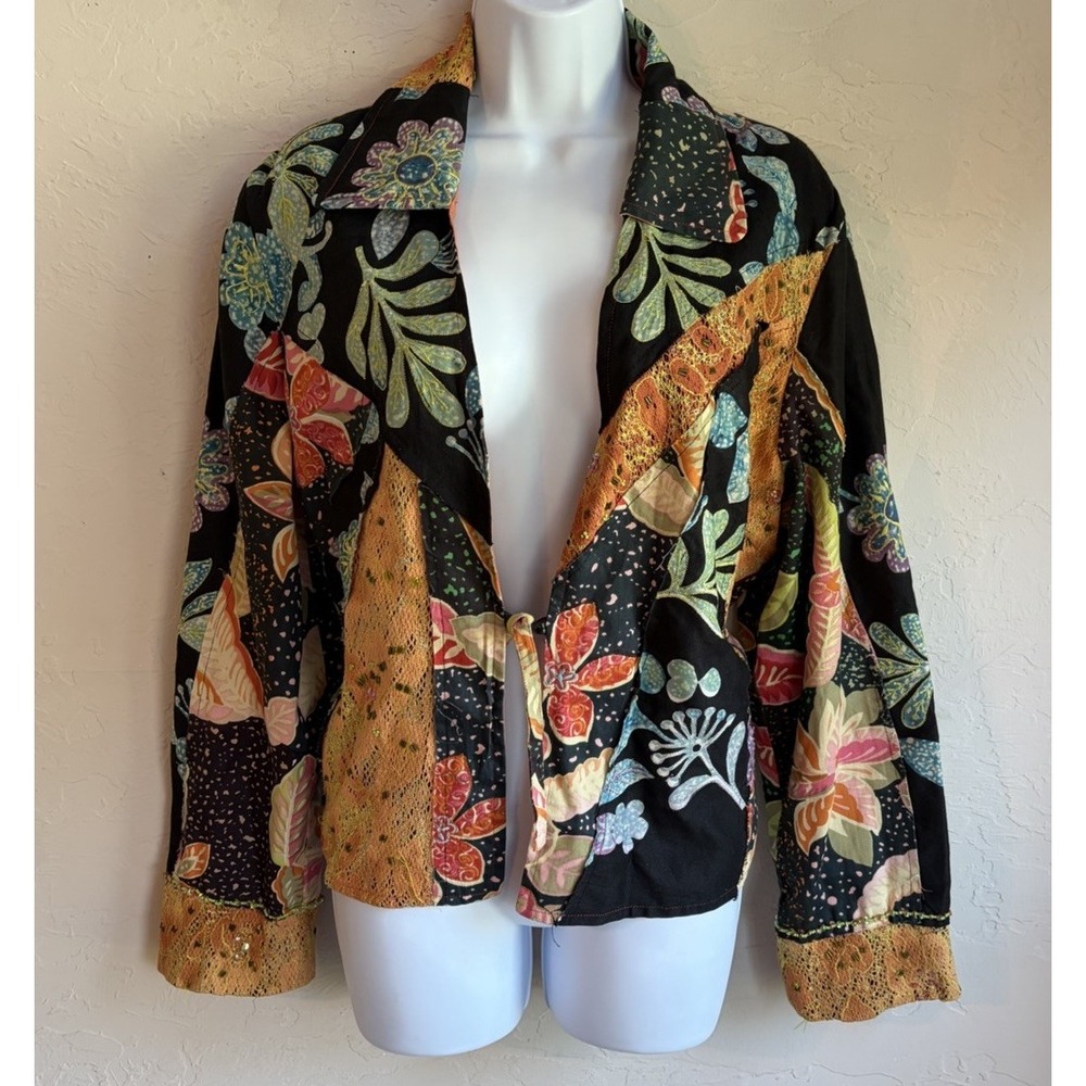 Vintage 90s Sandy Starkman Patchwork Jacket XL Beaded Embroidered Tie Front Boho